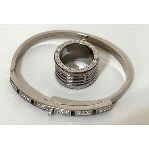 Michael Kors Silver Tone Crystal Hinged Bangle Bracelet and Ring size 6